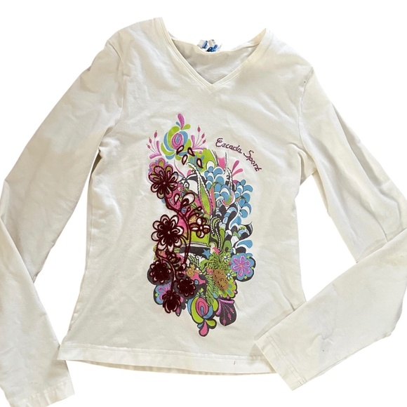 Escada Tops - ESCADA SPORT cream embroidered Buddha cotton blouse V-Neck S